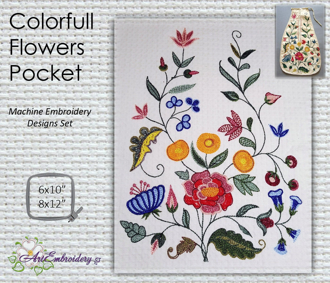 18Th Century Embroidery Patterns Colorful Flowers Pocket Machine Embroidery Designs Set For Hoops 6x108x10 And 8x12 Created From Historical 18 Century Pocket