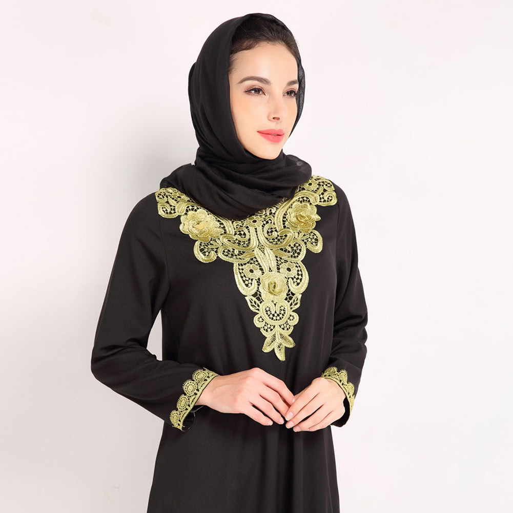 Abaya Embroidery Patterns Fashion Women Muslim Dress Embroidery Long Sleeve Abaya Kaftan Islamic Arab Robe Maxi Dress Blackcoffeeblue Black L Online Shopping Tomtop
