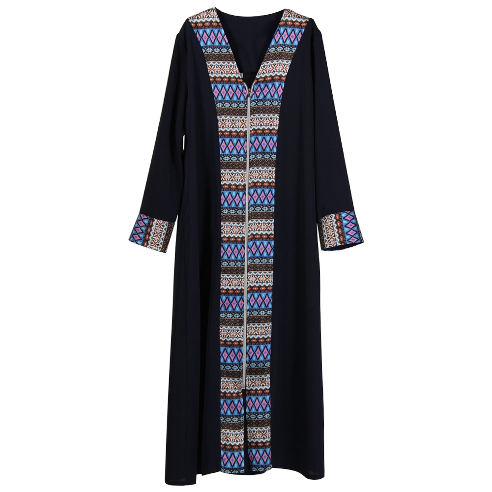 Abaya Embroidery Patterns Girls Navy Blue Long Sleeve Modern Full Open Abaya With Print Pattern Design