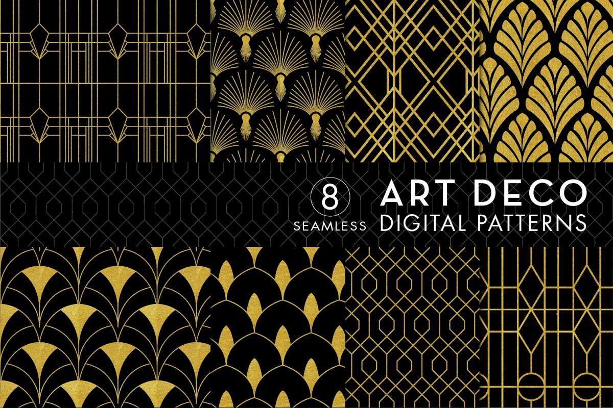 Art Deco Embroidery Patterns 8 Seamless Art Deco Patterns Black Gold Set 3