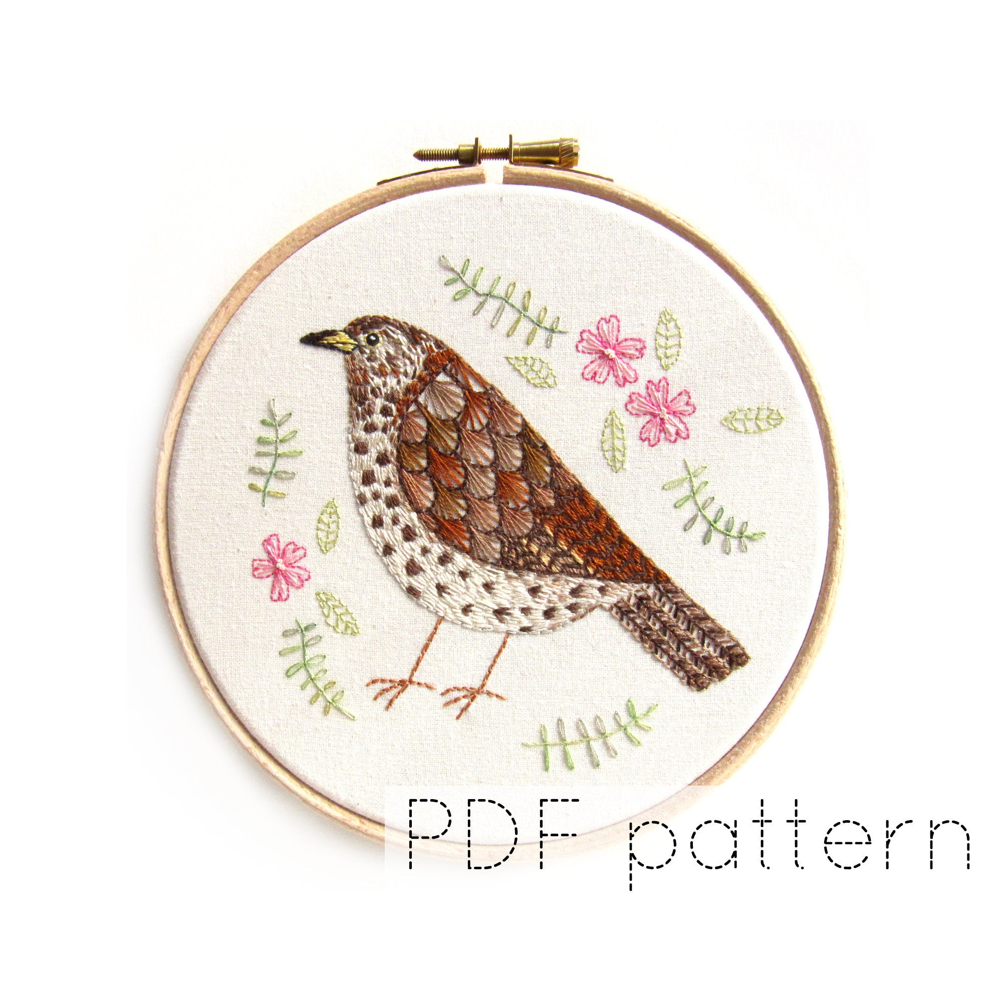 Bird Embroidery Pattern Song Thrush Bird Embroidery Pattern Instant Download
