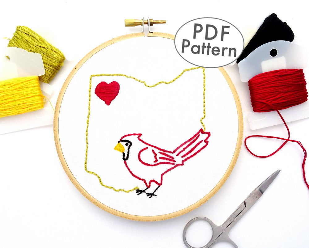 Bird Embroidery Patterns Ohio Hand Embroidery Pattern Pdf Embroidery State Wall Art Diy Hoop Art Bird Embroidery Cardinal Embroidery Easy Embroidery Download