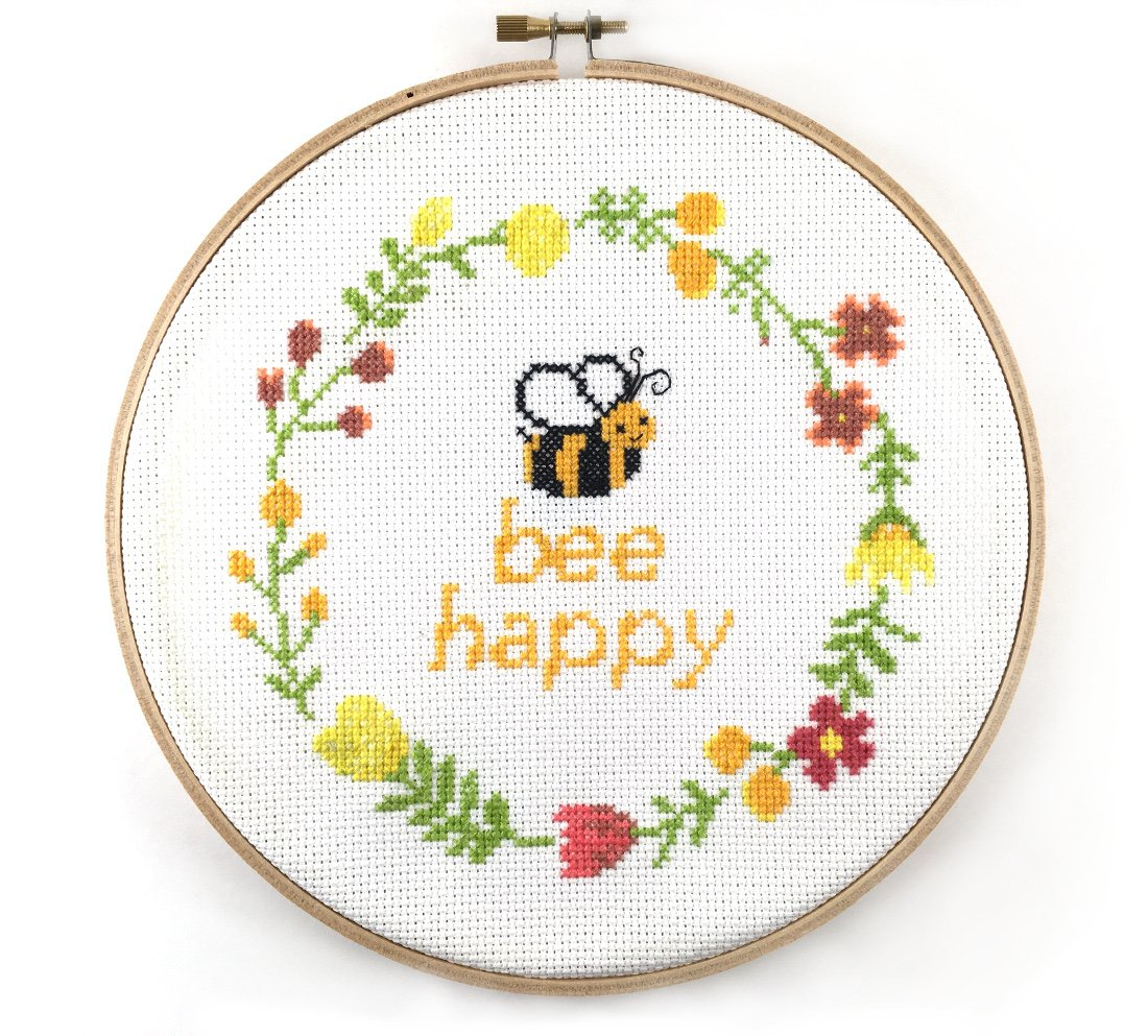 Bumble Bee Embroidery Pattern Modern Bee Happy Quote Cross Stitch Pattern