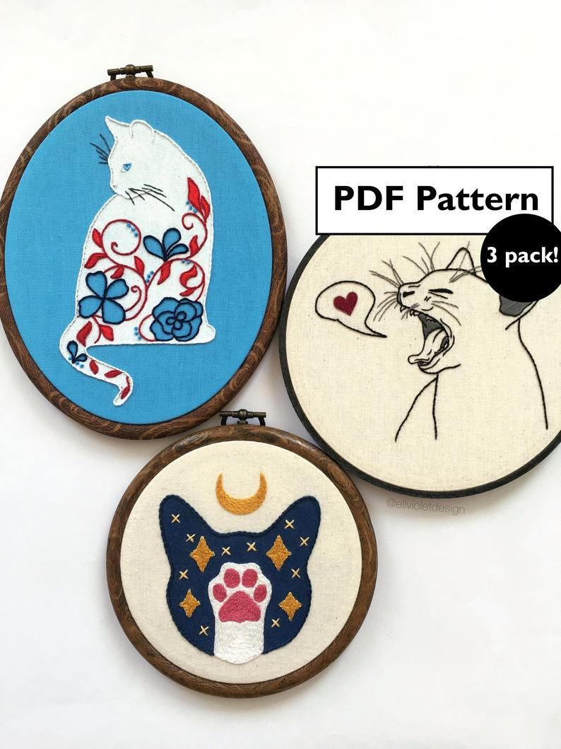 Cat Embroidery Patterns Cat Embroidery Pattern Bundle Three Hand Embroidery Pattern Pack Animal Beginner Embroidery For Cat Lovers Pdf Pattern Digital Download