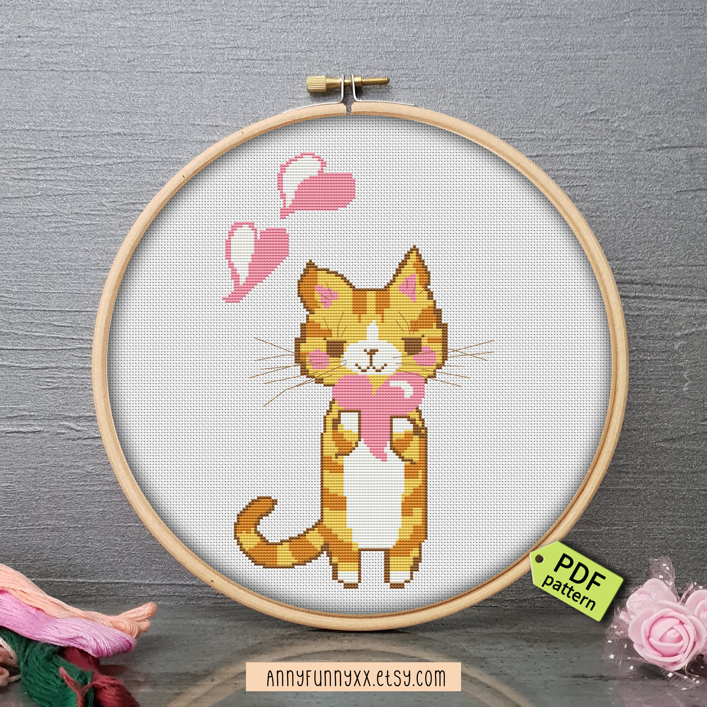 Cat Embroidery Patterns Cute Cat Cross Stitch Pattern Pdf Funny Embroidery Patterns Lovely Small Cat With Heart Valentines Day Gift Embroidery Pattern