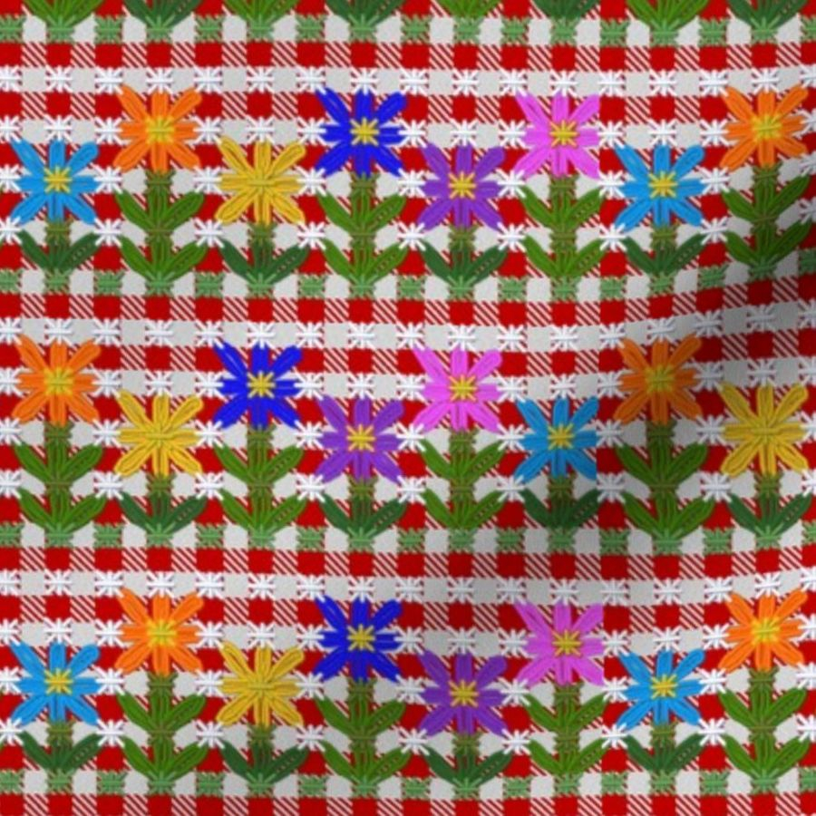 Chicken Scratch Embroidery Patterns Fabric The Yard Chickenscratch Gingham Flower Stripe On Red