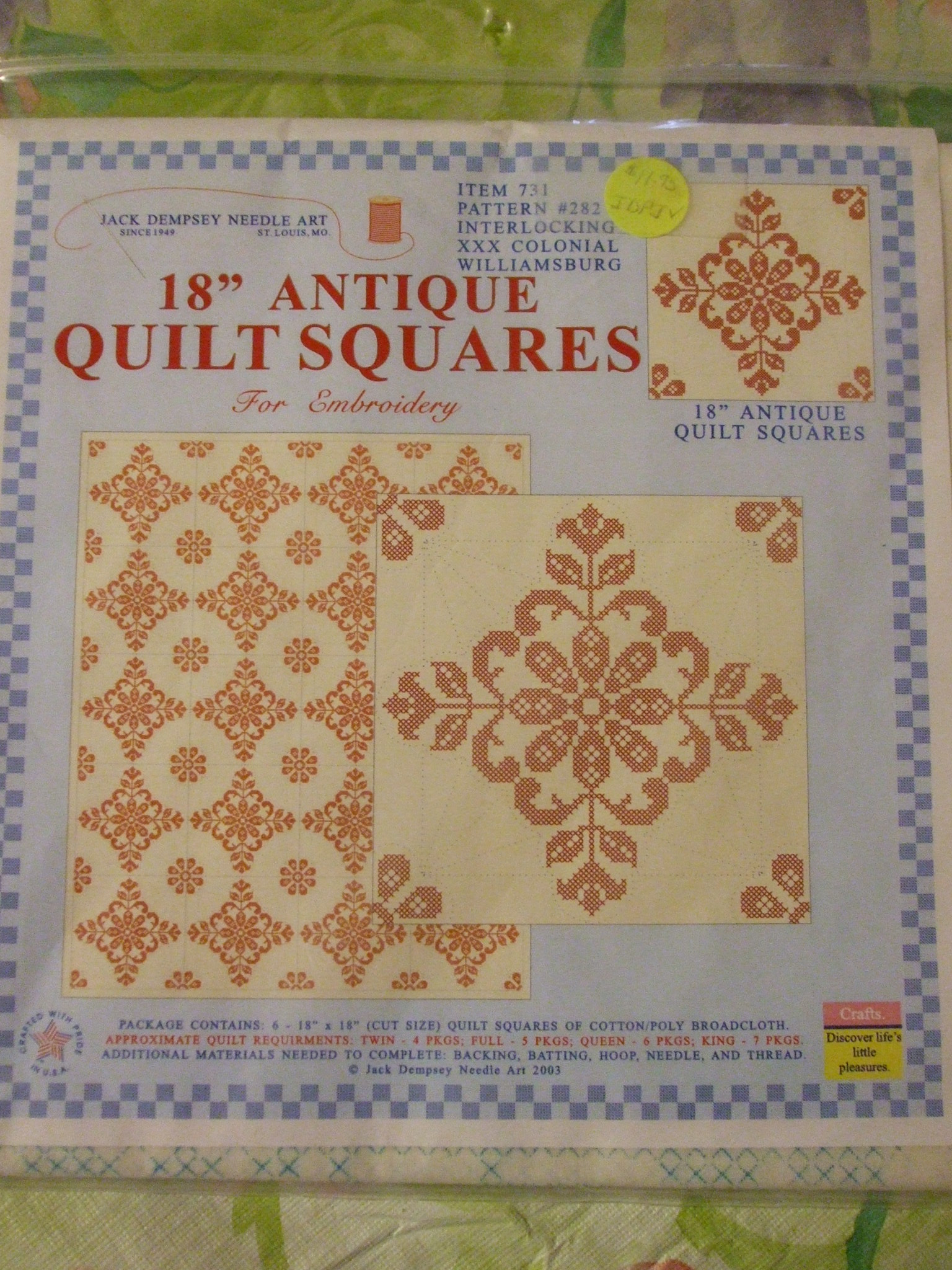 Colonial Embroidery Patterns Quilt Blocks Preprint Embroidery Patterns 18in X 6 Pce Cotton Poly Broadcloth Jack Dempsey