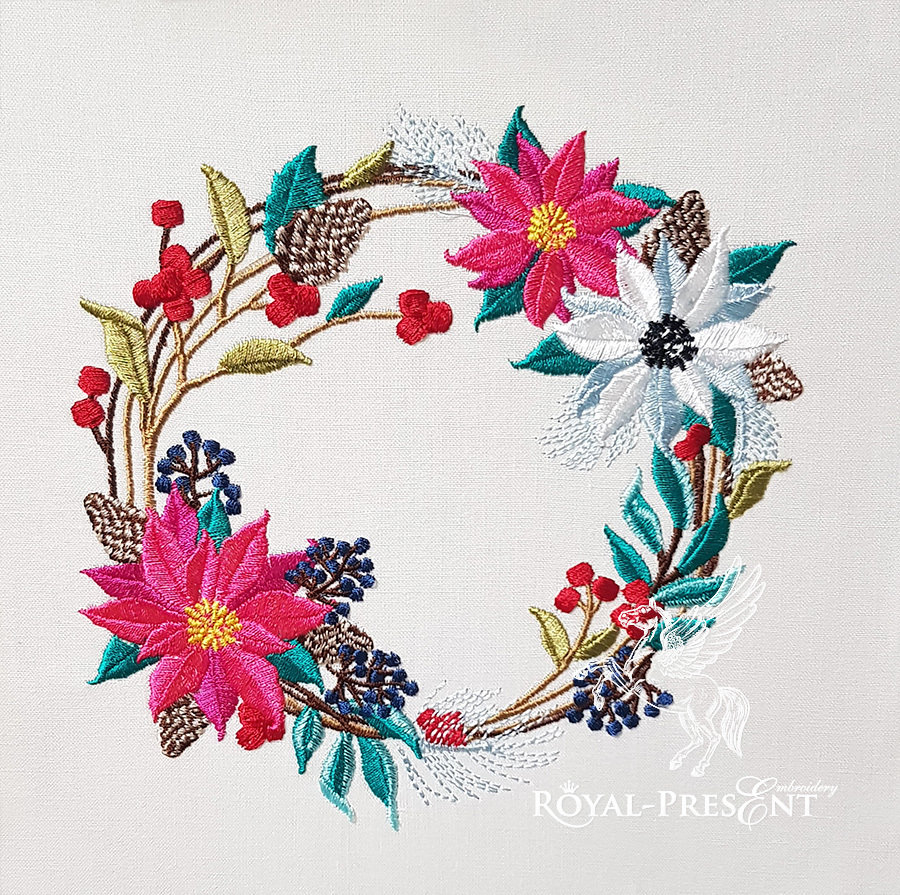 Convert Picture To Embroidery Pattern Winter Floral Wreath Embroidery Design 3 Sizes