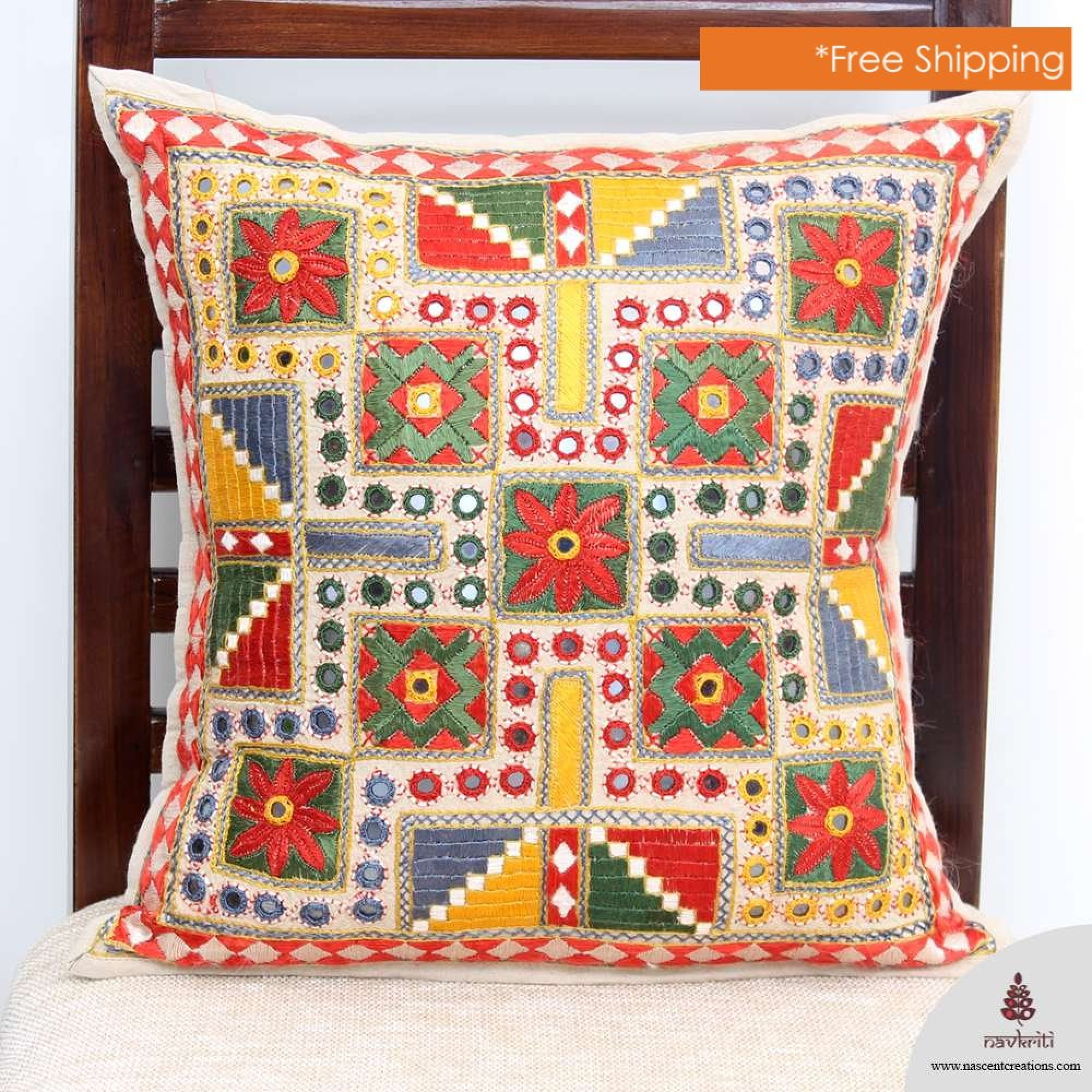 Cushion Cover Embroidery Patterns Hand Embroidery All Over Mirror Work Cushion Cover Navkriti