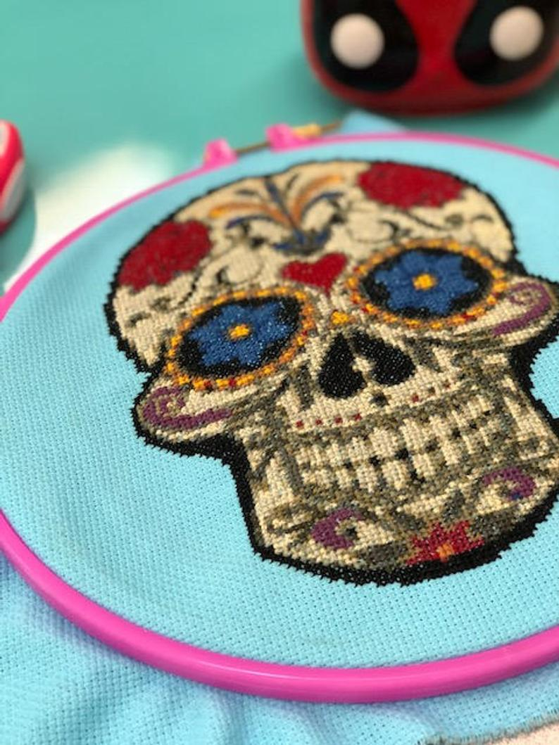 Day Of The Dead Embroidery Patterns Day Of The Dead Cross Stitch Pattern Sugar Skull Cross Stitch Pattern Halloween Cross Stitch Pattern