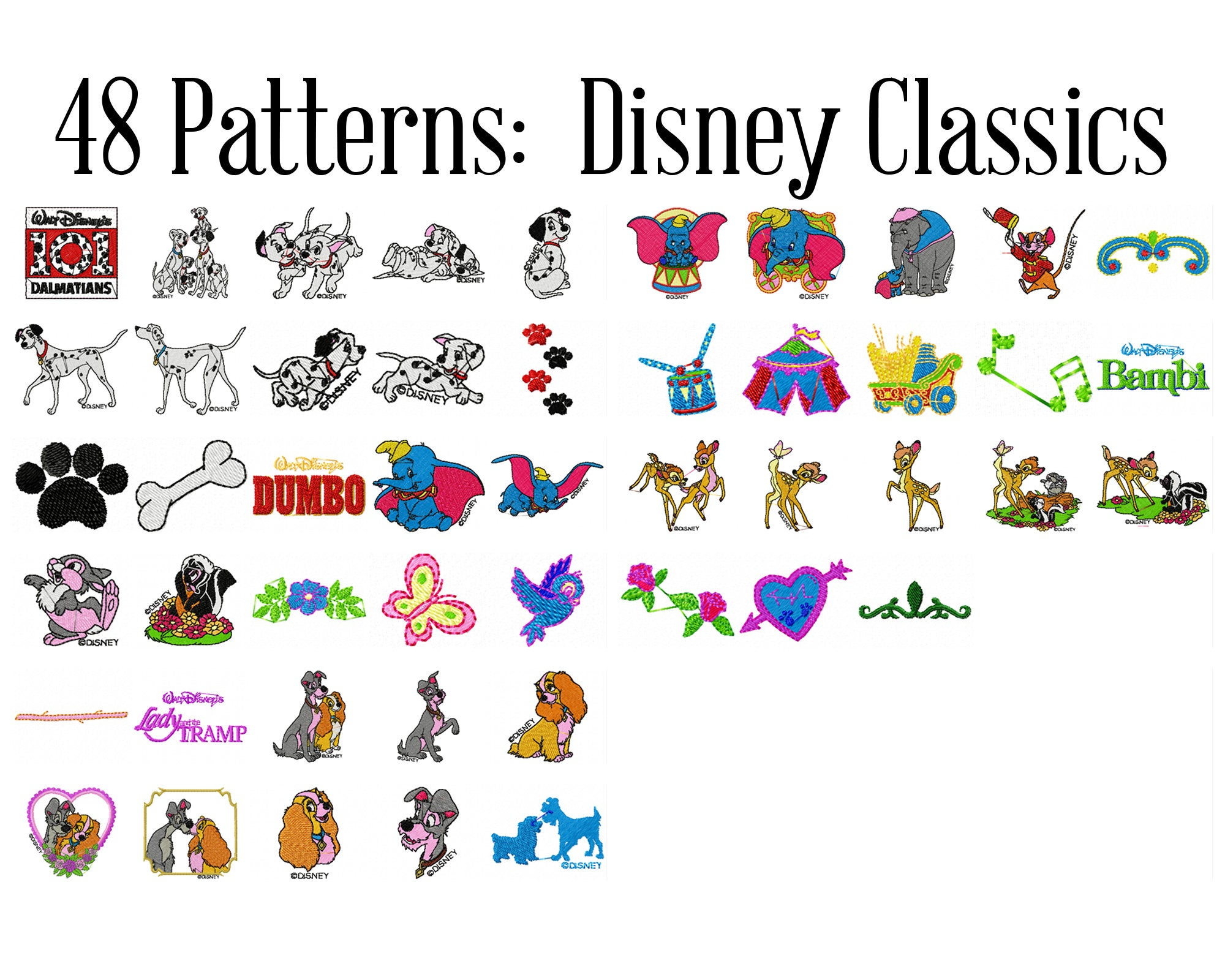 Disney Embroidery Patterns Disney Machine Embroidery Patterns Disney Embroidery Disney Designs 101 Dalmations Bambi Embroidery Dumbo Elephant Lady The Tramp