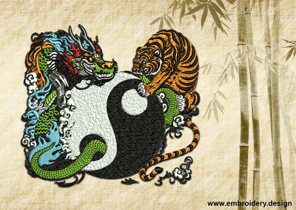 Dragon Embroidery Pattern Yin Yang And Fight Of Tiger With Dragon