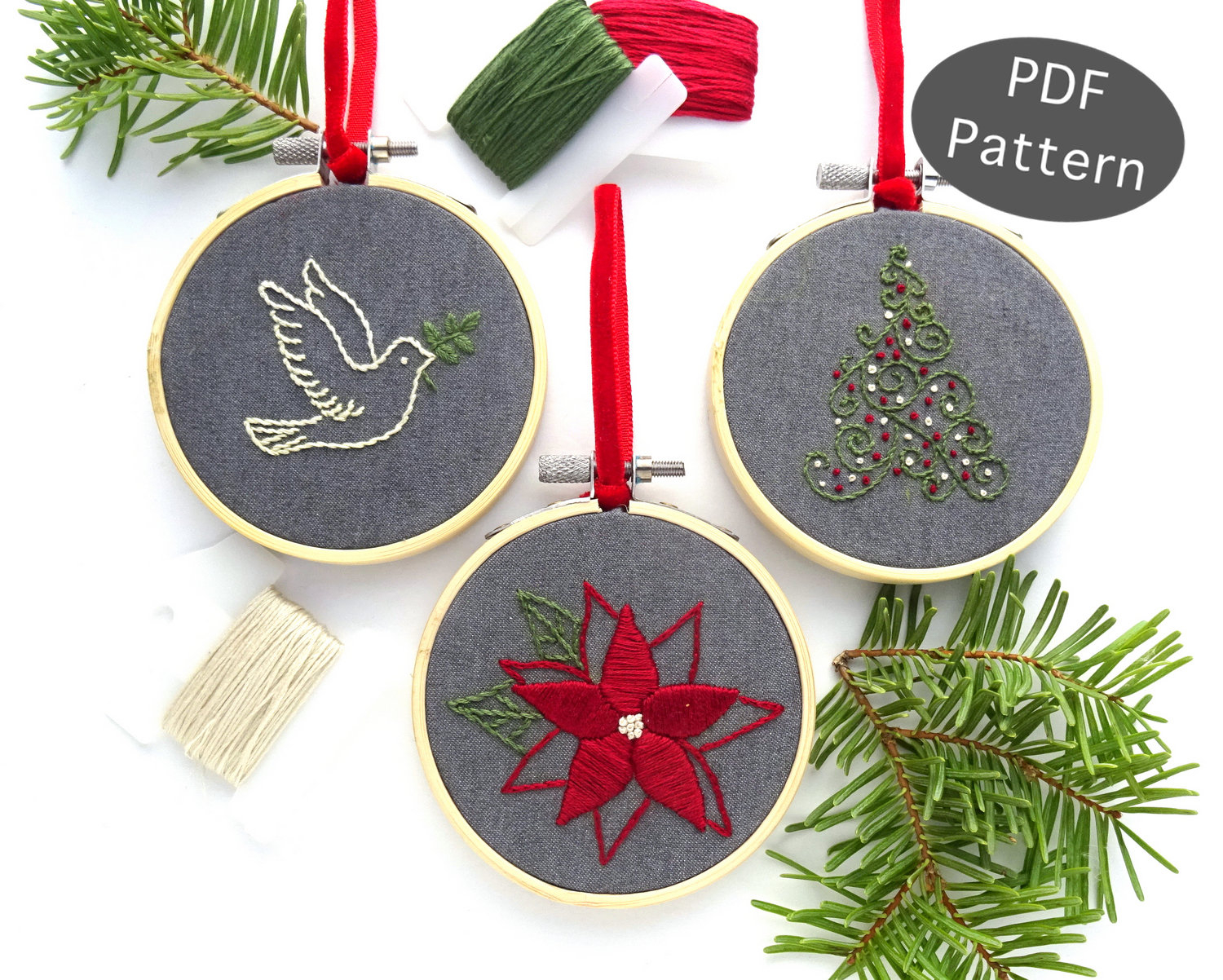 Embroidery Christmas Patterns Christmas Ornament Set Hand Embroidery Pattern Diy Holiday Ornament Christmas Gift Idea Beginner Embroidery Pdf Peace Dove Ornament