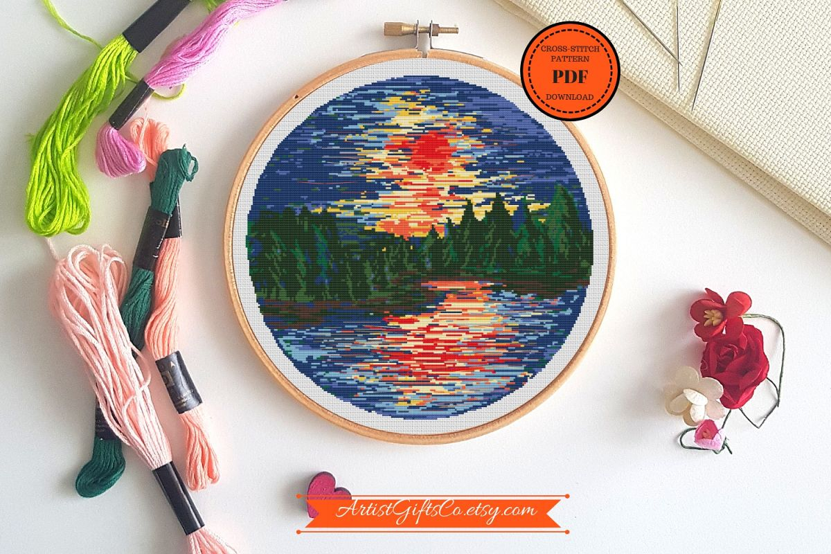 Embroidery Cross Stitch Patterns Sunset On The River Cross Stitch Pattern Seascape
