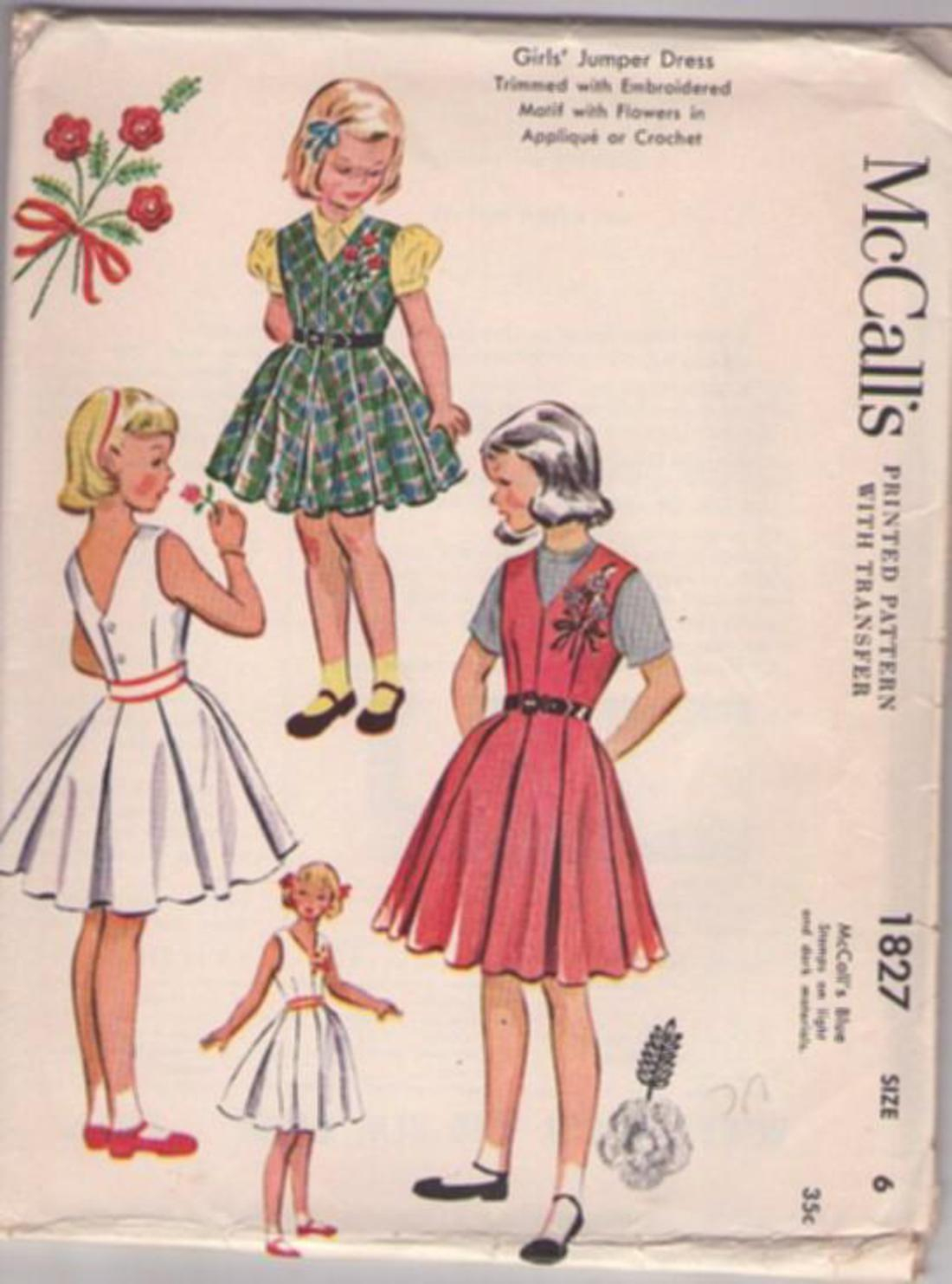 Embroidery Dress Patterns Mccalls 1827 Vintage 50s Sewing Pattern Sweet Girls Modest School Days V Neck Summer Jumper Box Pleats Skirt Dress With Embroidery Transfer Size 6