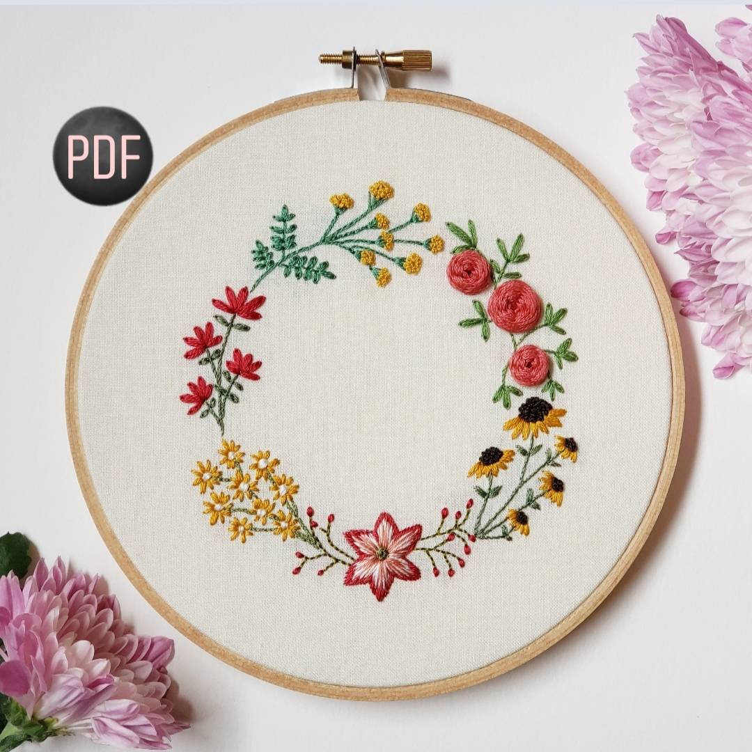 Embroidery Flower Pattern Diy Hand Embroidery Pattern Pdf Hand Embroidered Flower Garland Winter And Summer Colors Instant Download Pdf Ba Girl Nursery Decor
