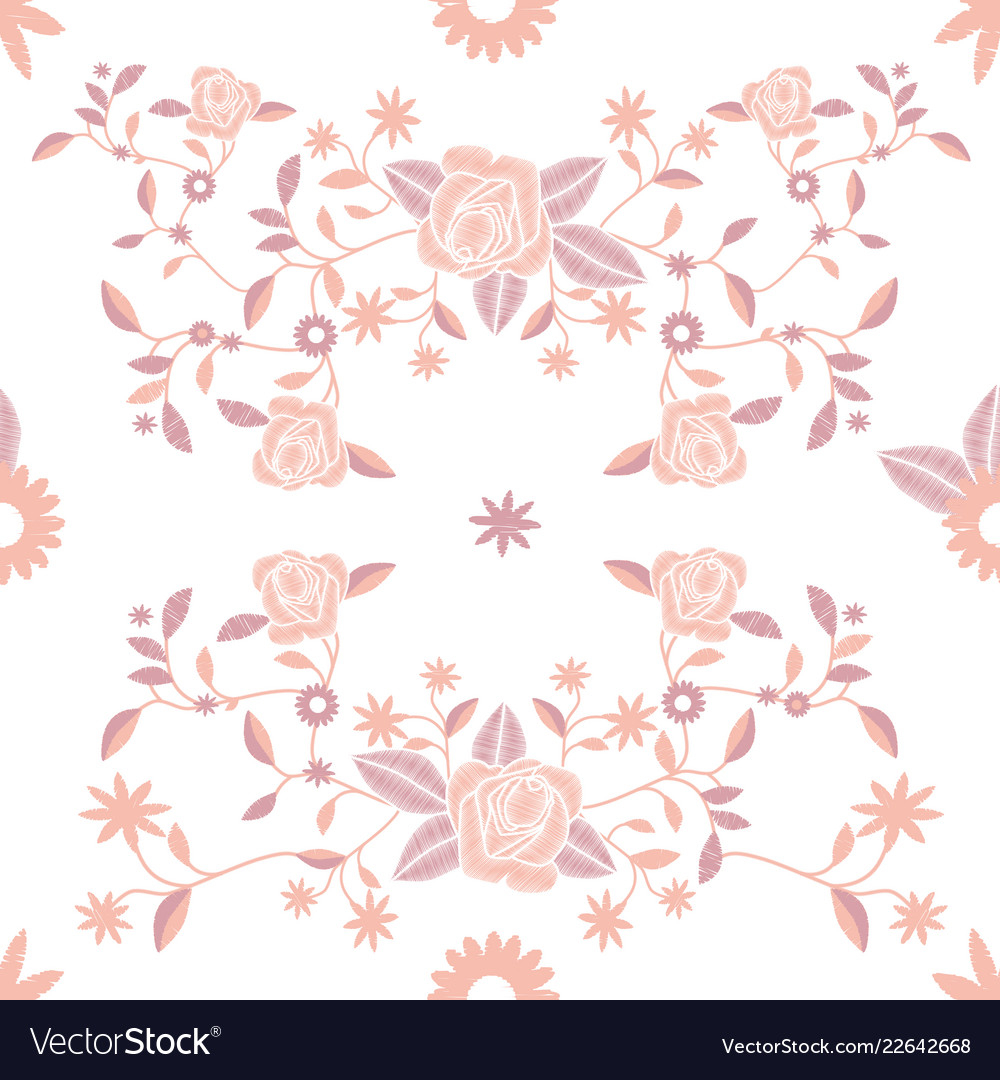 Embroidery Flower Pattern Seamless Pattern Of Embroidered Flowers On White