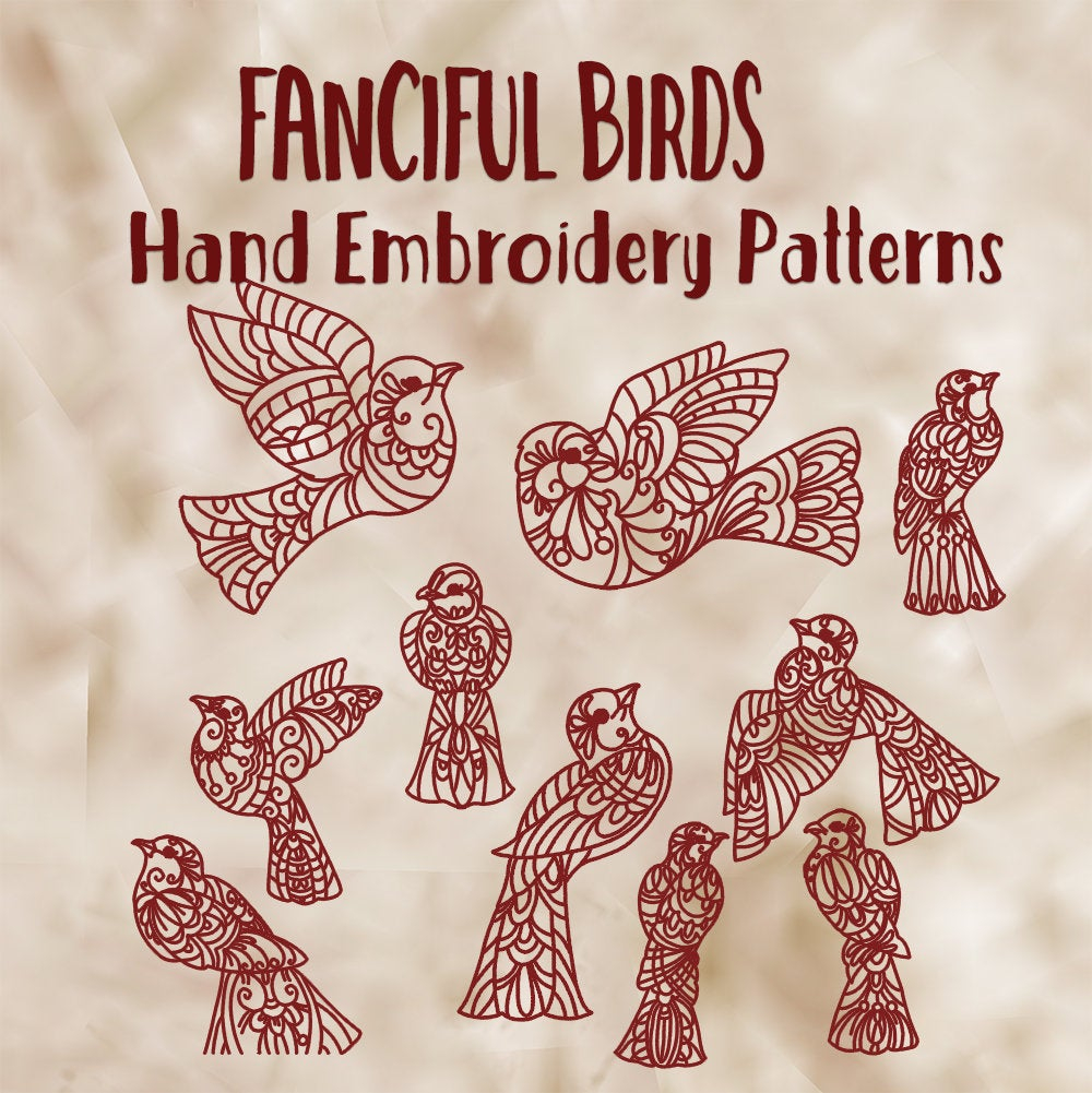 Embroidery Patterns Birds Sale Hand Embroidery Patterns Fanciful Birds In 4 Sizes Pdf Instant Download 10 Designs For Kitchen Quilting Embroidery Designs
