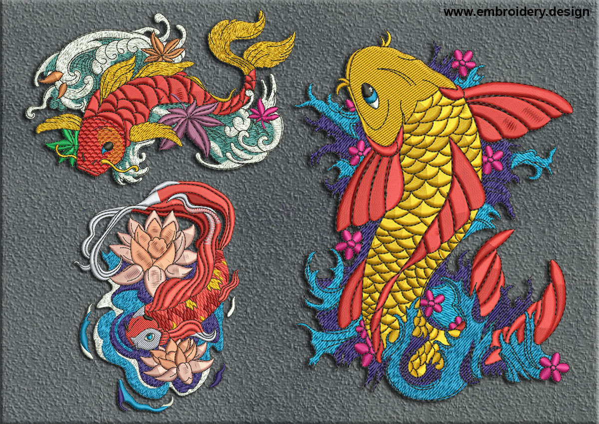 Fish Embroidery Patterns Koi Carps On The Waves Embroidery Designs Pack