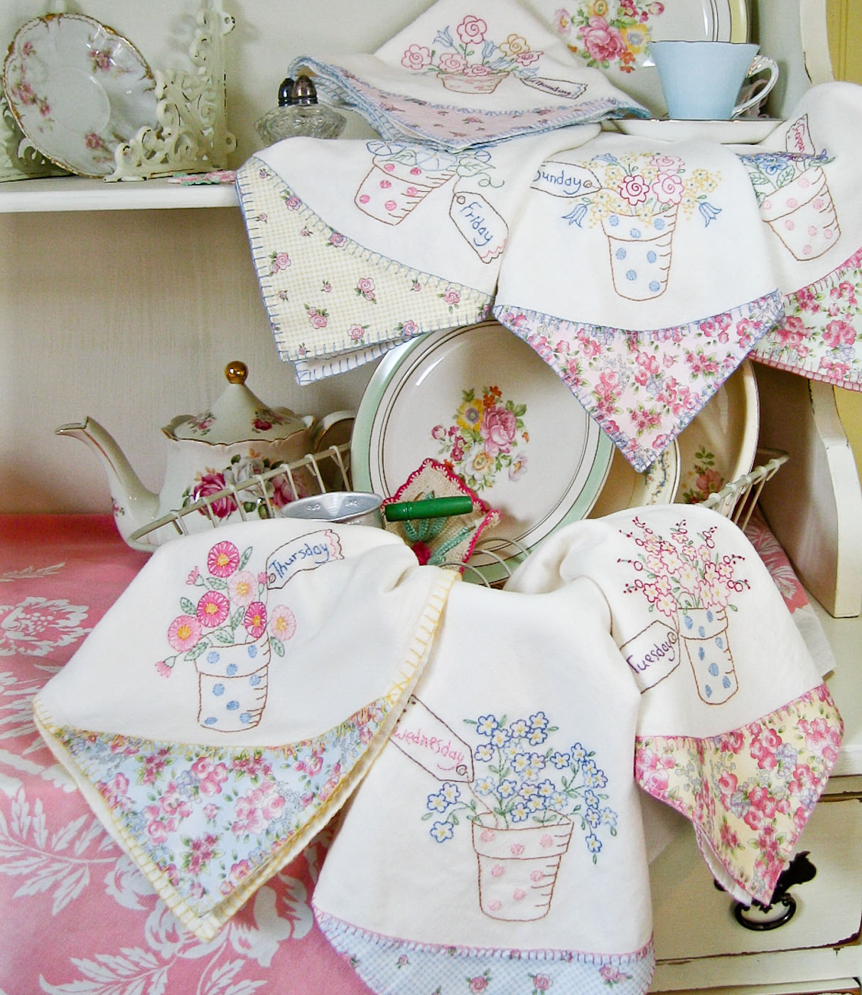 Flower Embroidery Pattern Cottage Flower Pot Tea Towels