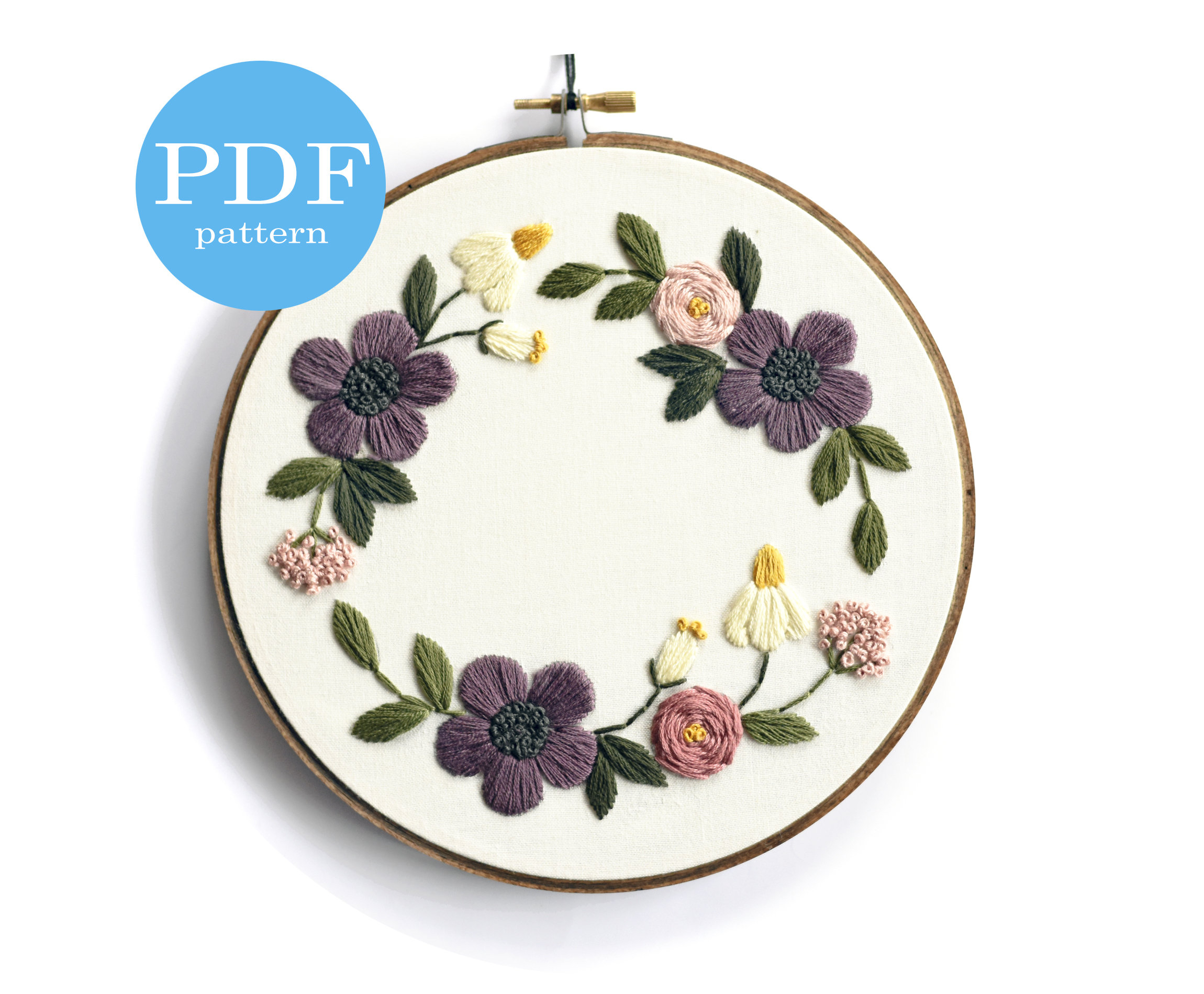Flower Embroidery Pattern Floral Wreath Embroidery Pattern Pdf Digital Download 7 Embroidery Hoop Diy Home Decor Beginner Embroidery Flower Embroidery Pattern