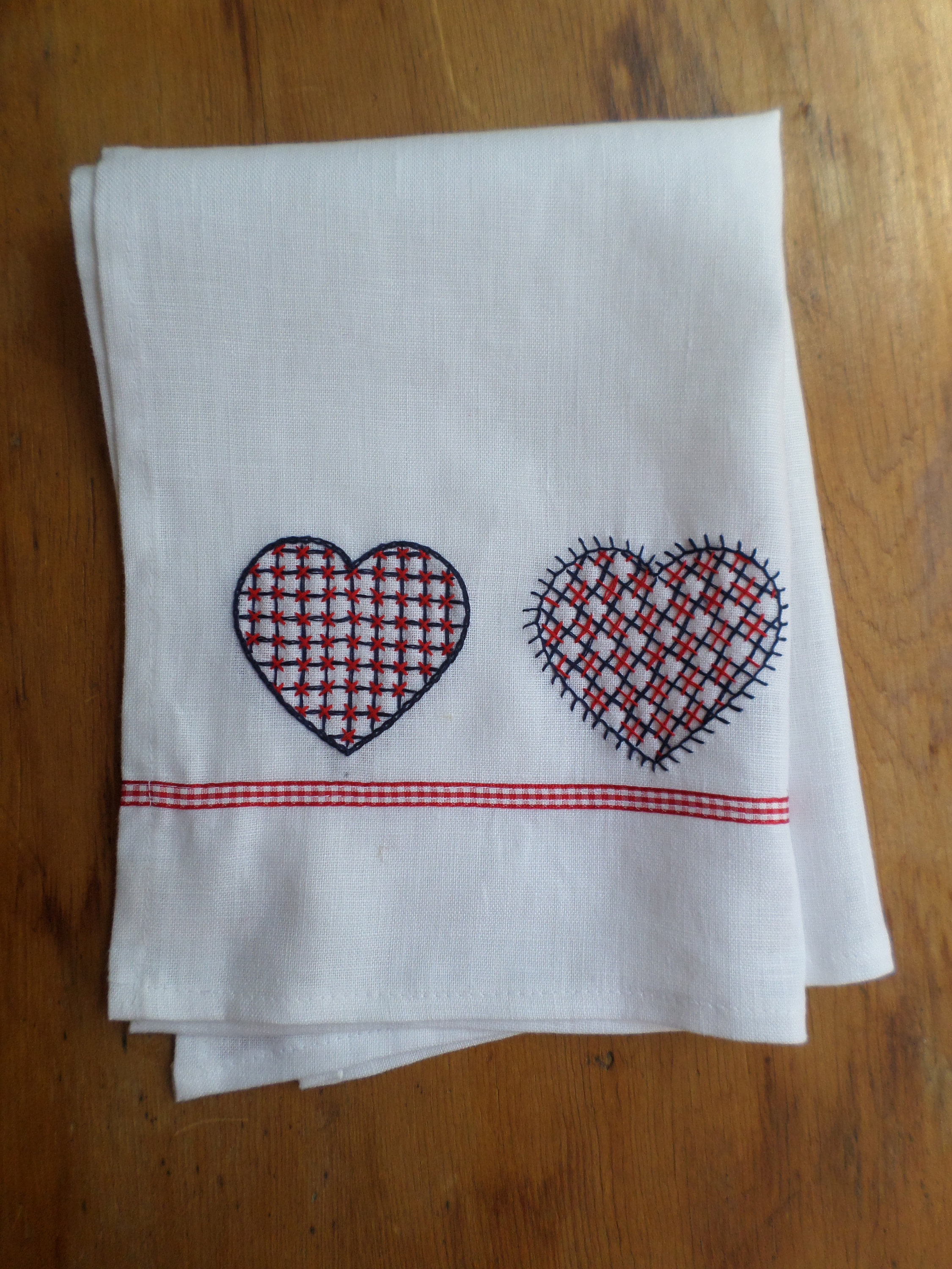 Free Hand Embroidery Patterns For Tea Towels Hand Embroidered Linen Tea Towel Swedish Hearts Made In Maine