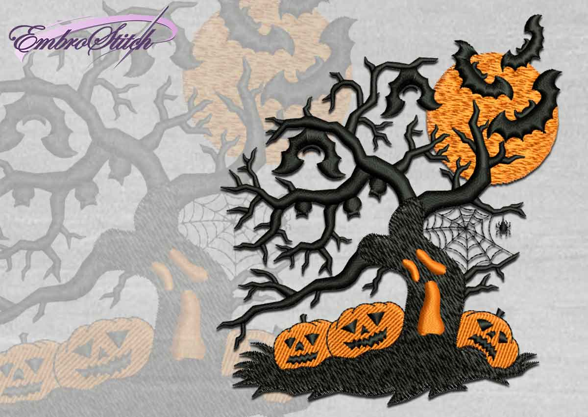 Halloween Embroidery Patterns Creepy Halloween Tree Embroidery Design 3 Sizes