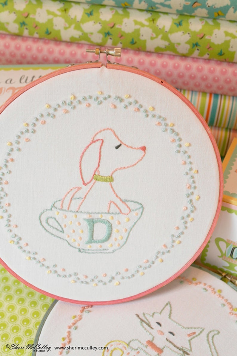 Hand Embroidery Letter Patterns Dog D Hand Embroidery Letter D Embroidery Letter D Teacup Embroidery Pattern Pdf D Is For Dog In A Little Teacup