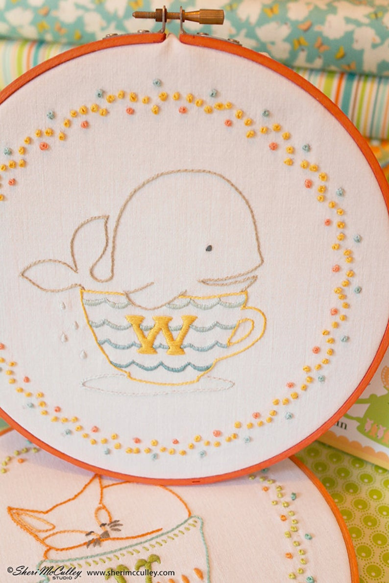 Hand Embroidery Letter Patterns Whale W Hand Embroidery Letter W Embroidery Letter W Teacup Embroidery Pattern Pdf W Is For Whale In A Little Teacup