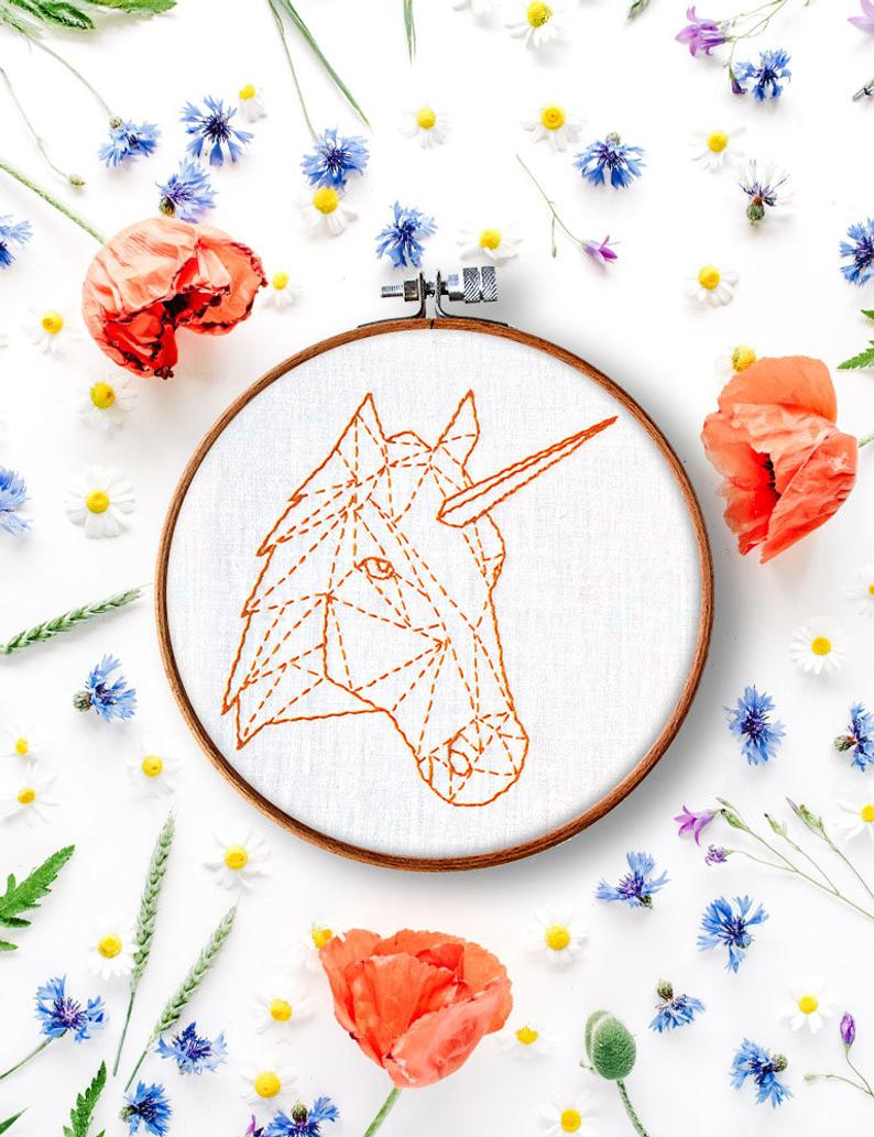 Hand Embroidery Patterns For Beginners Unicorn Hand Embroidery Pattern Diy Hoop Art Beginner Embroidery Geometric Embroidery Pattern Contemporary Embroidery Stitch Work