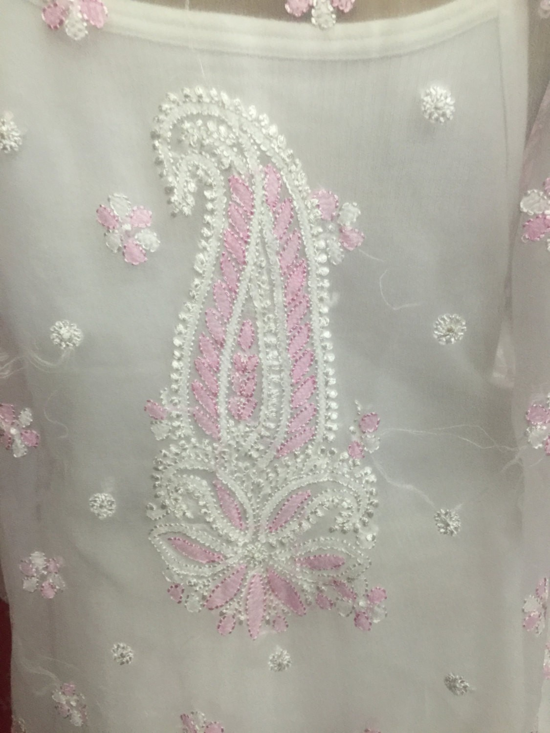 Hand Embroidery Patterns For Kurtis Handmade Long Indian Ethnic Kurta Tunic Kurti With Beautiful Hand Embroidery Chikankari All Over Thread Embroidery Of White And Pink