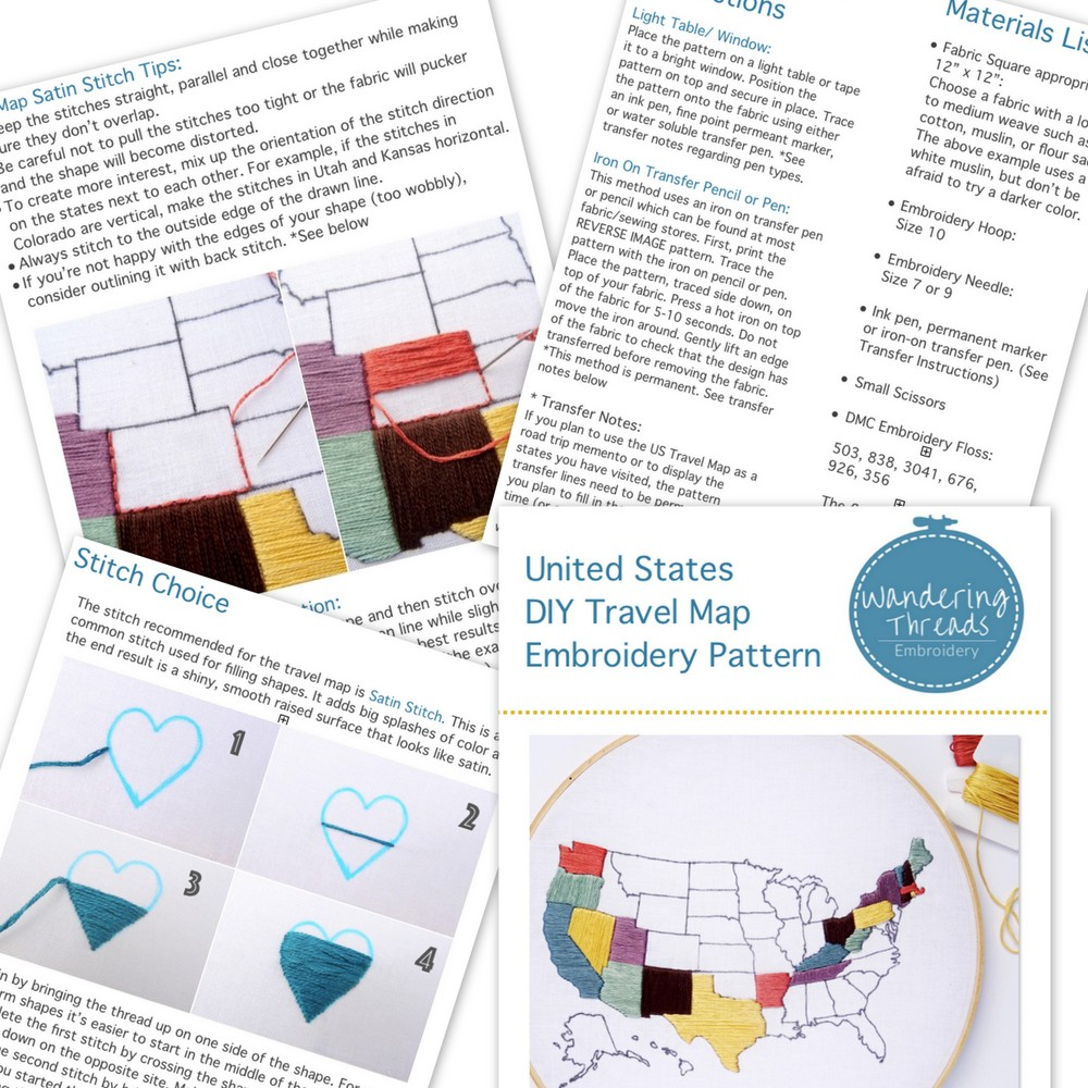 Hand Embroidery Patterns Transfers United States Travel Map Embroidery Pattern