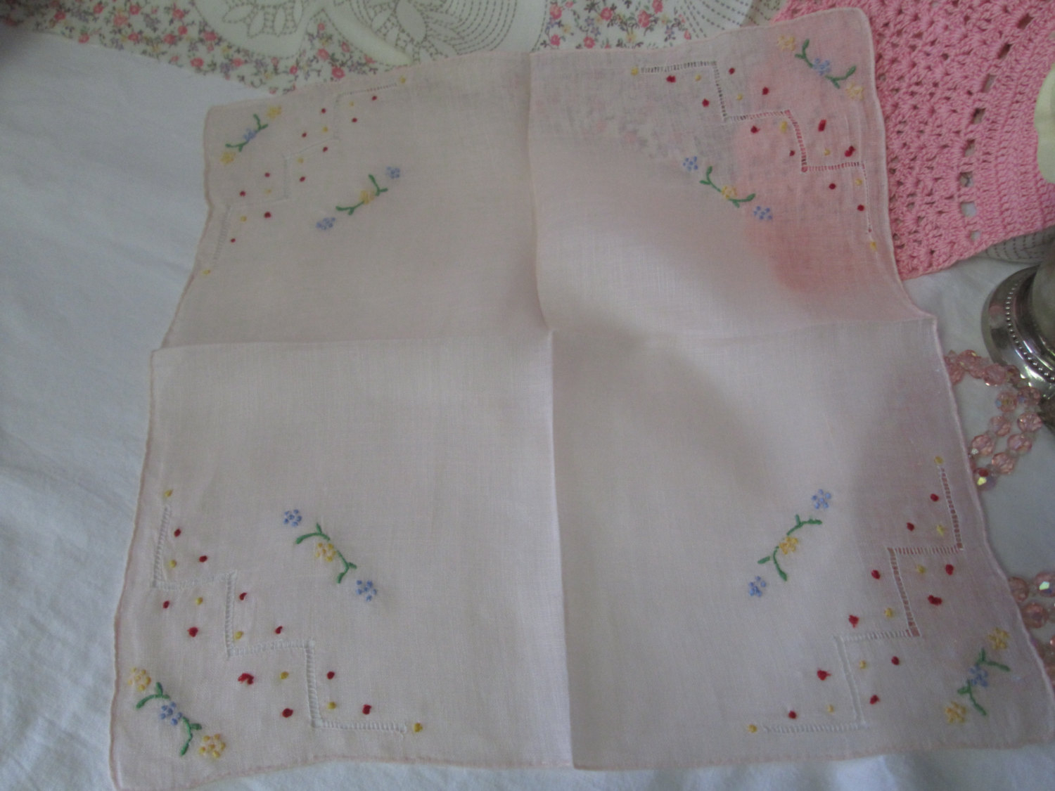 Handkerchief Embroidery Patterns Vintage Beautiful Peach Color Art Deco Hankie Handkerchief Cut Work Embroidery