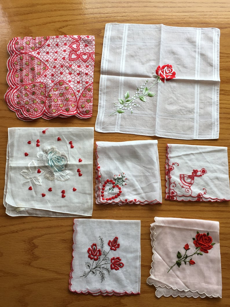Handkerchief Embroidery Patterns Vintage Lot Of 7 Valentines Day Lovers Handkerchief With Red Roses And Red Hearts Valentines Day Handkerchief Red Heart Hanky Red Rose