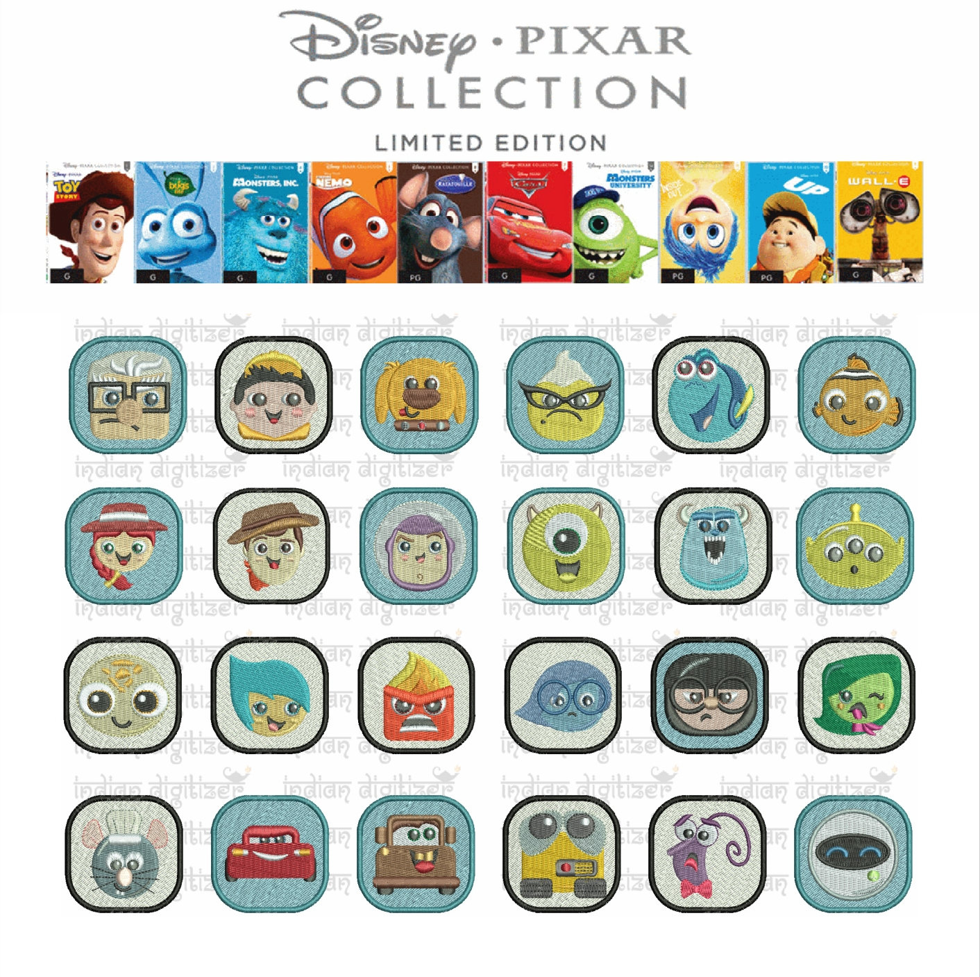 Indian Embroidery Designs Patterns Disney Pixar Emojis 24 Resizable Machine Embroidery Designs