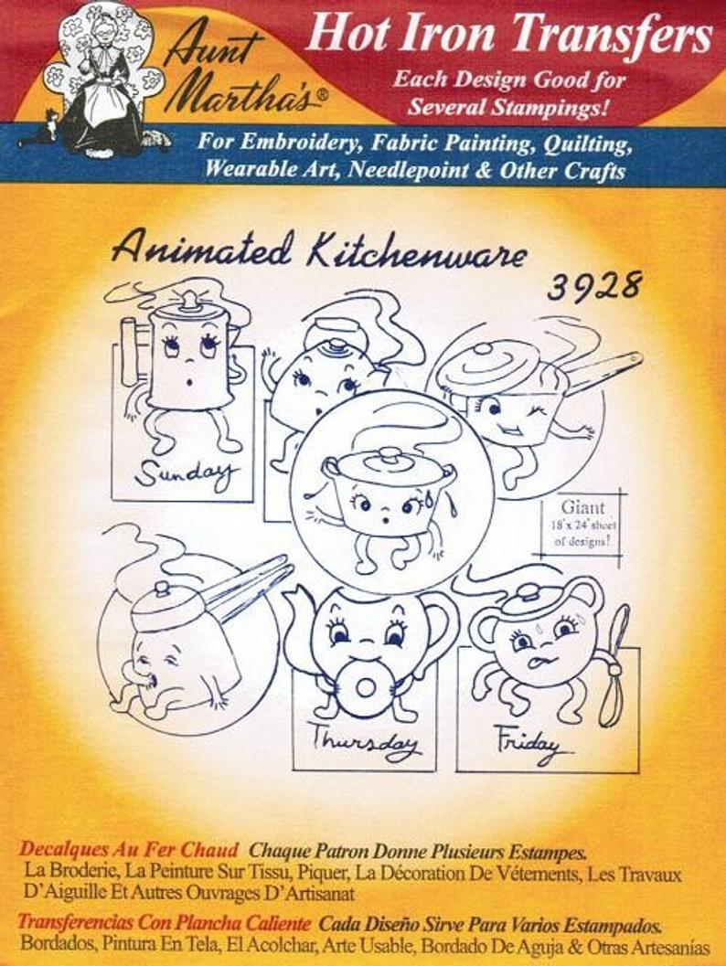 Iron On Transfer Patterns For Embroidery Animated Kitchen 3928 Aunt Marthas Hot Iron Embroidery Transfer Pattern