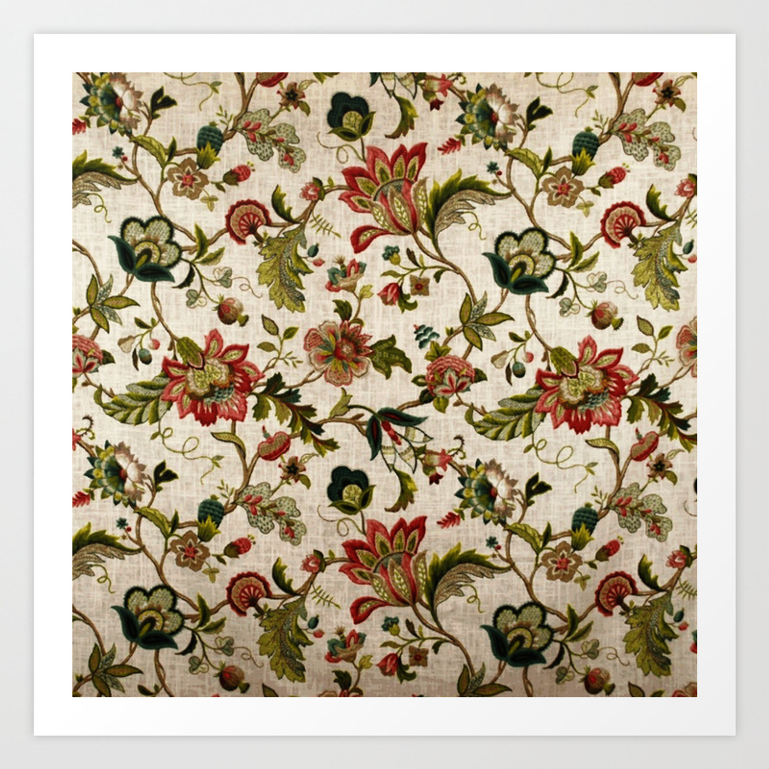 Jacobean Embroidery Patterns Free Red Green Jacobean Floral Embroidery Pattern Art Print