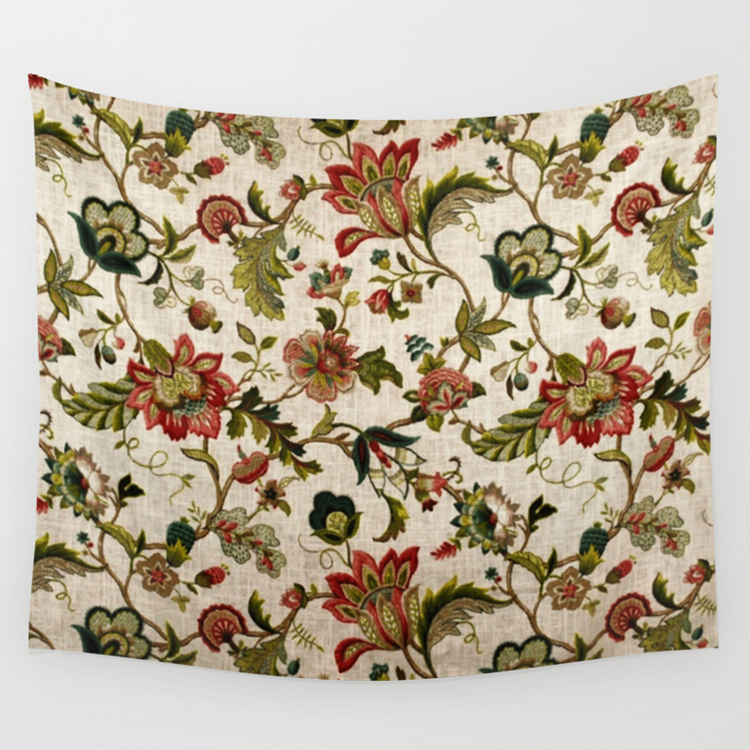 Jacobean Embroidery Patterns Red Green Jacobean Floral Embroidery Pattern Wall Tapestry