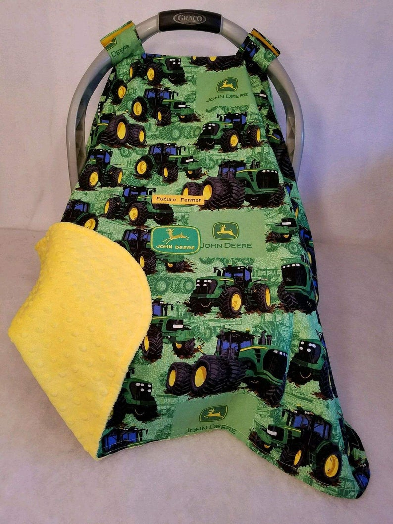 John Deere Embroidery Patterns Car Seat Canopy Cover John Deere Tractor Ba 100 Cotton Yellow Minky N Patch Hand Made Custom Embroidery Future Farmer Infant Cover