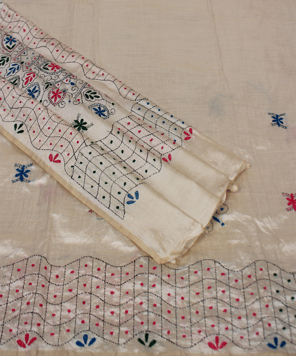 Kantha Work Embroidery Patterns Buy Kantha Stich Off White Saree With Multicolour Gocoop