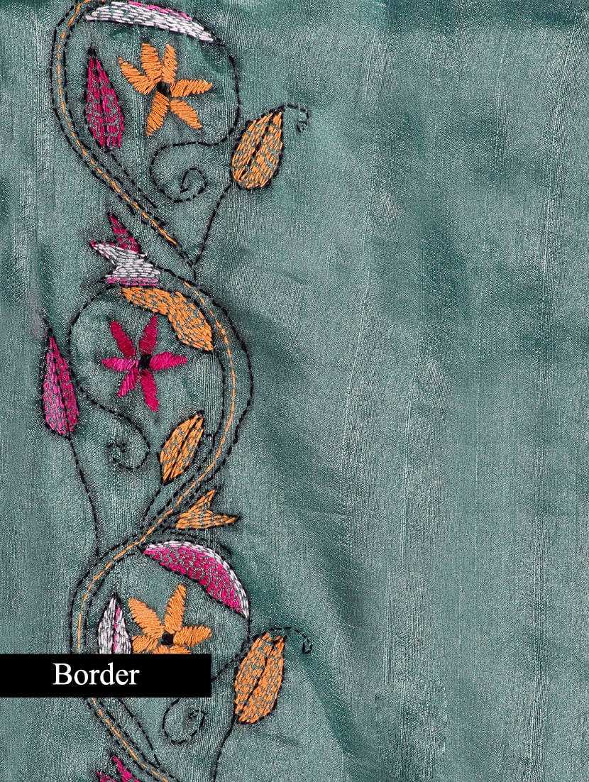 Kantha Work Embroidery Patterns Kantha Embroidered Teal Green Silk Saree