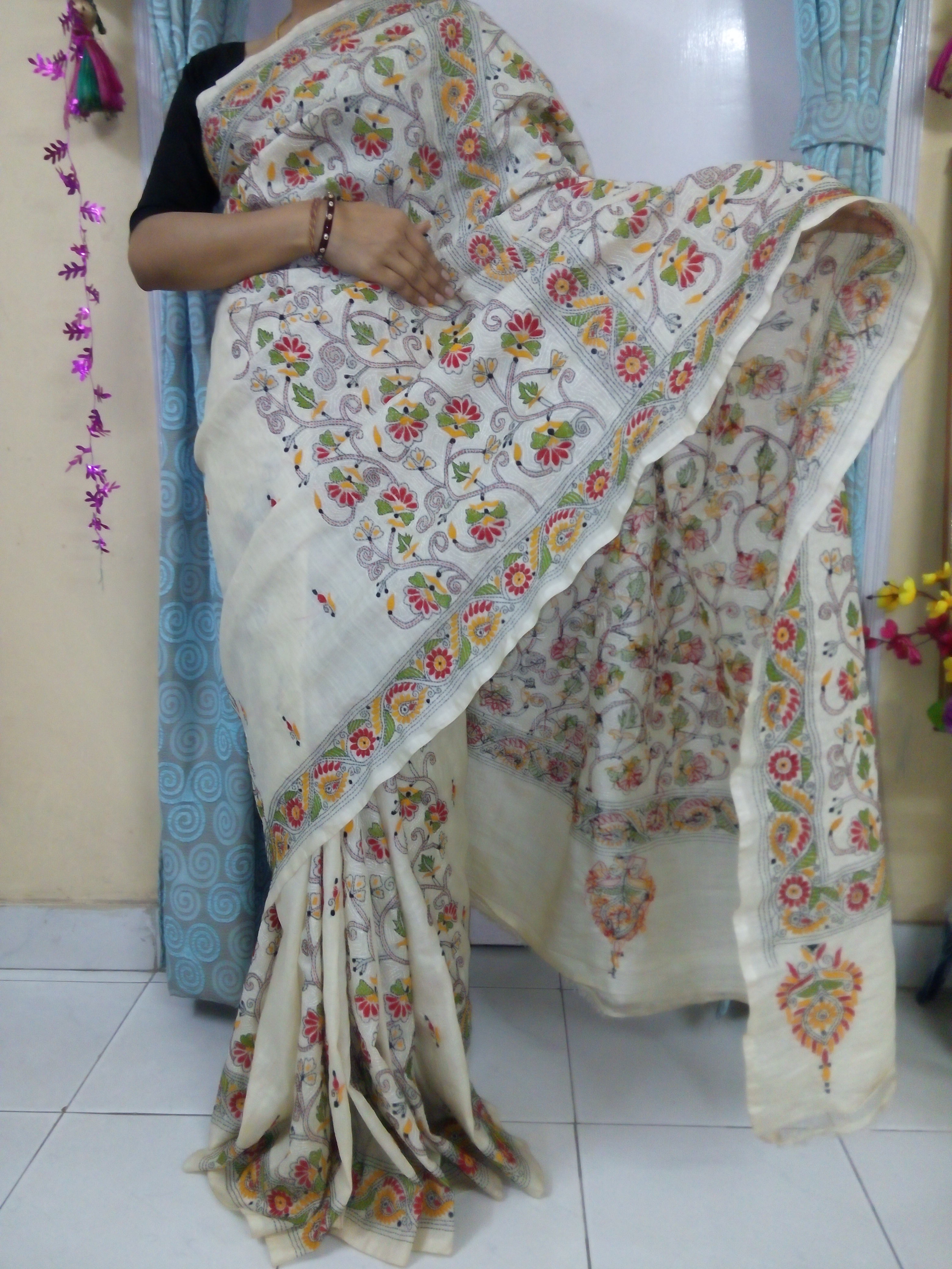 Kantha Work Embroidery Patterns Kantha Stitch Silk Saree With Elaborate Hand Embroidered Aanchal