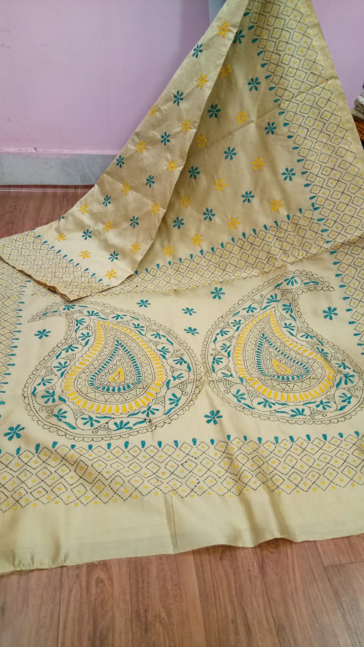 Kantha Work Embroidery Patterns Semi Tussar Kantha Stitch Saree With Attached Bp Price Per Piece Rs 1500