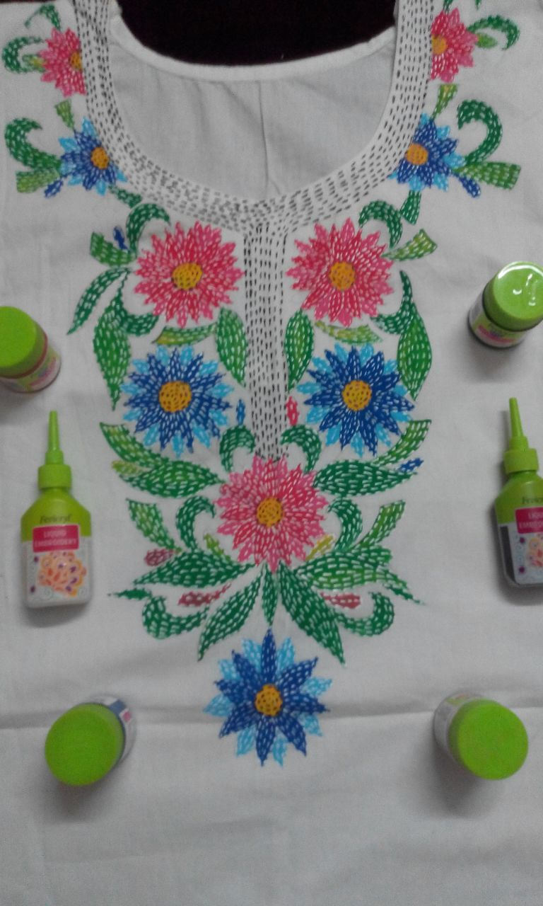 Liquid Embroidery Patterns Kurthi Painted With Soft Acrylic Liquid Embroidery
