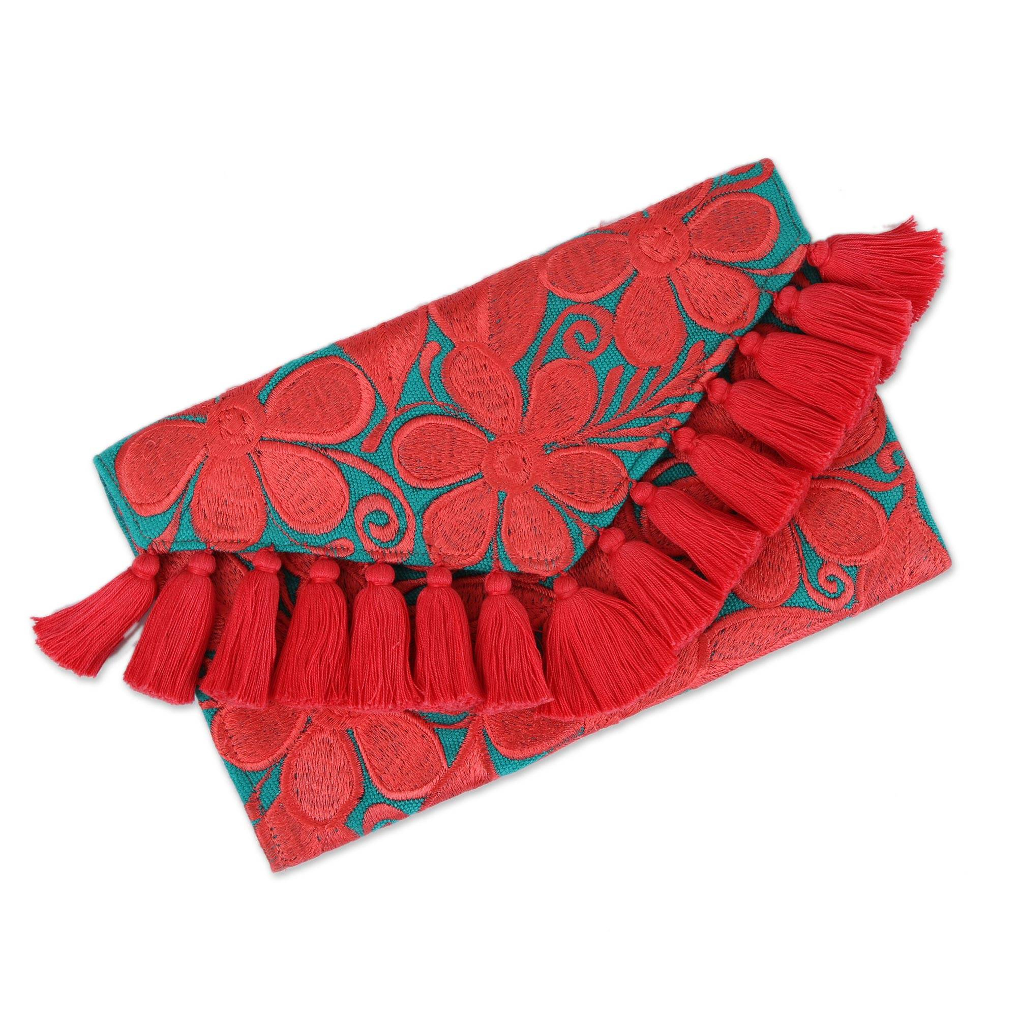 Mexican Flower Embroidery Patterns Cotton Clutch With Deep Rose Floral Embroidery From Mexico Deep Rose Flowers