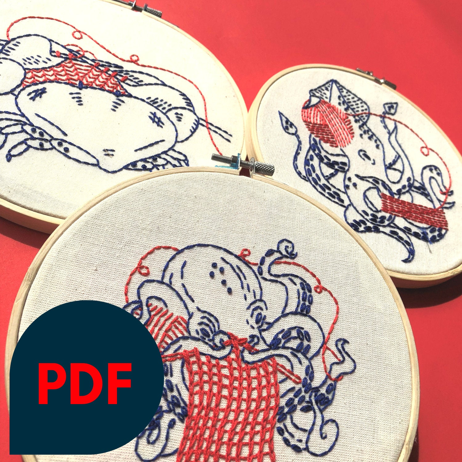 Nautical Embroidery Patterns Bundle Embroidery Pattern Downloadable Pdf Nautical Knitting Collection Squid Crab Octopus