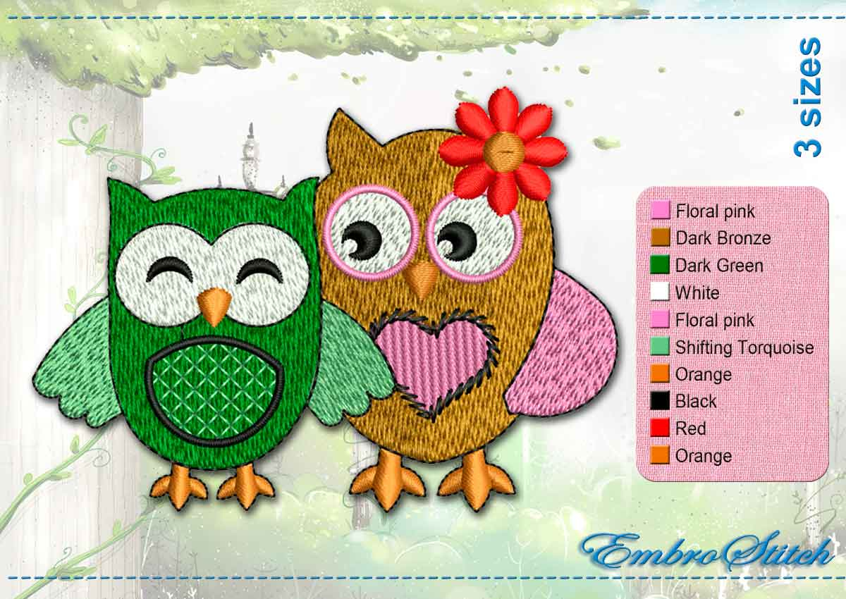 Owl Embroidery Pattern Pair Of Owls Embroidery Design 3 Sizes