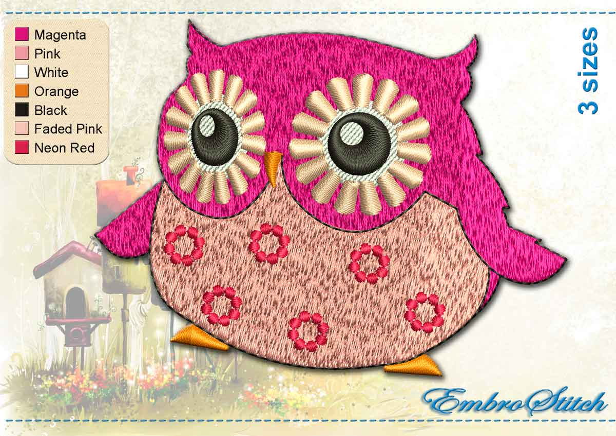 Owl Embroidery Pattern Pink Owl Embroidery Design 3 Sizes