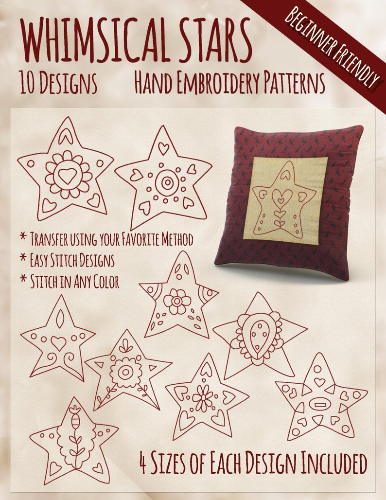 Primitive Hand Embroidery Patterns Sale Hand Embroidery Patterns Whimsical Stars In 4 Sizes Pdf Instant Download 10 Designs Patchwork Patriotic Whimsy Primitive Redwork
