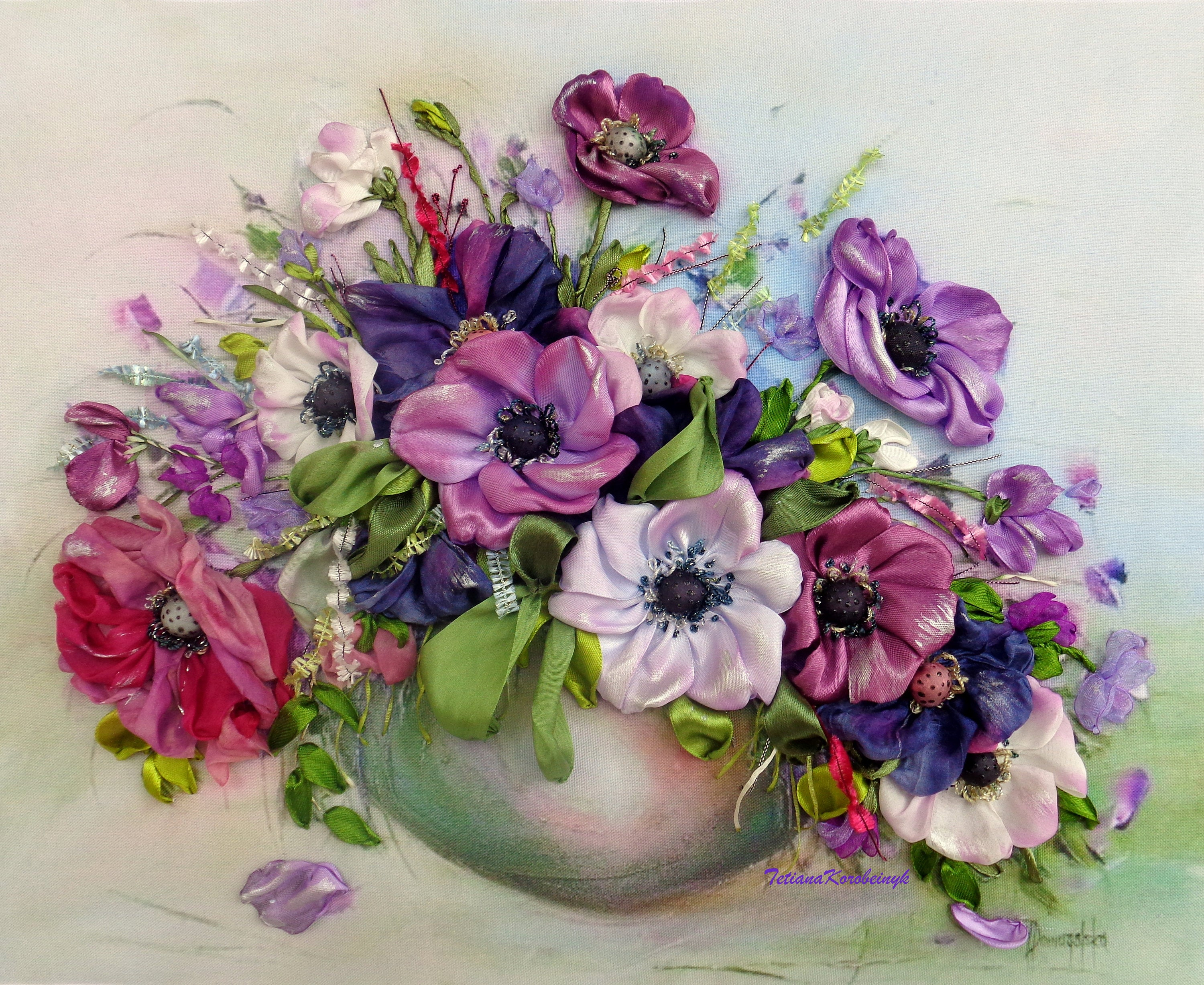 Ribbon Embroidery Flowers Patterns Anemones Silk Ribbon Embroidery Pattern Purple White Pink Ribbon Embroidered Picture Ribbon Painting Ribbon Work 3d Embroidered Flower